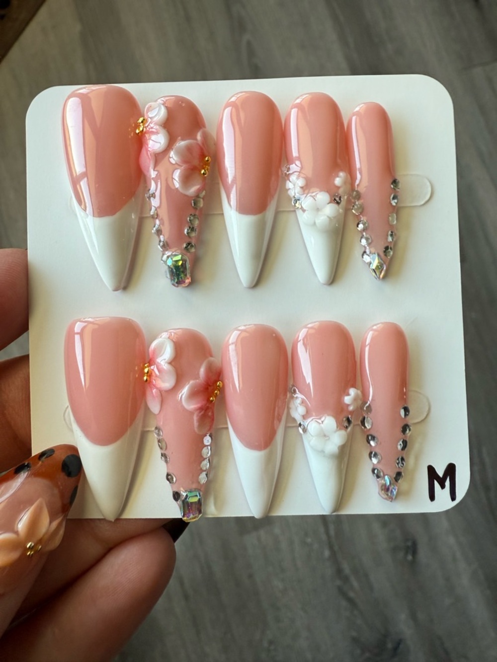 Peach Blush French Tip Press-On Nails with 3D Floral Accents